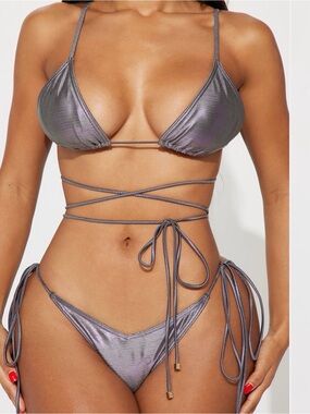 Fashion Nova Iridescent Silver-Lilac Wrap Bikini